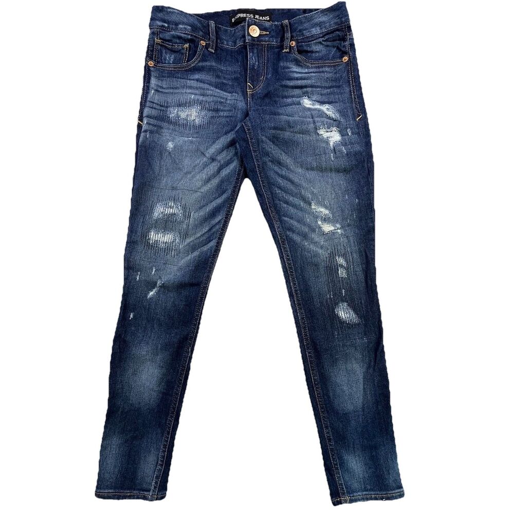 Express Jeans Womens 2 Blue Stretch Denim Mid Rise Tapered Legging Distressed